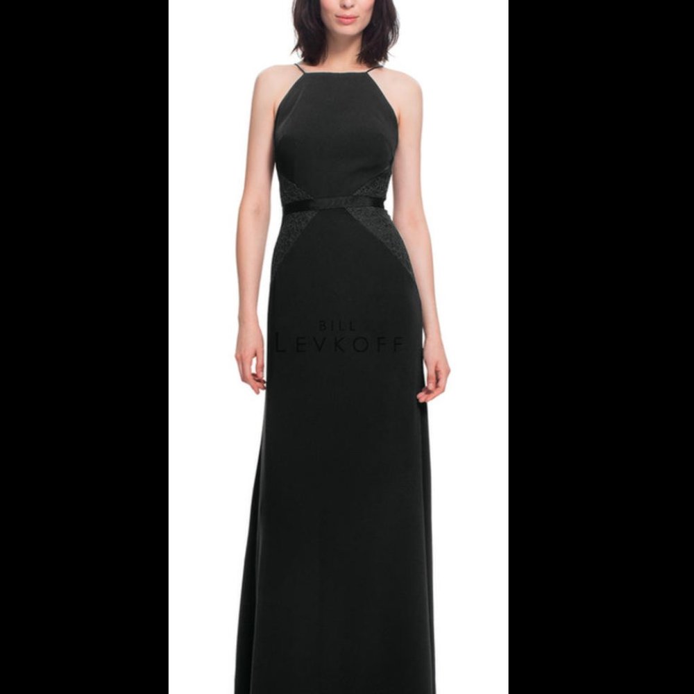 Bill Levkoff Black Spaghetti Strap Crepe Lace Long Maxi Bridesmaid Sample Dress